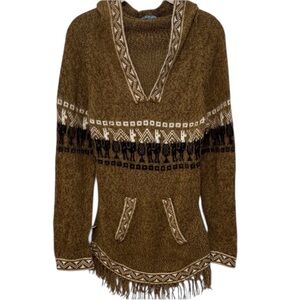 Boho Brown Hooded Knit Sweater Longline Fringe Hem Alpaca-Like Fair Isle